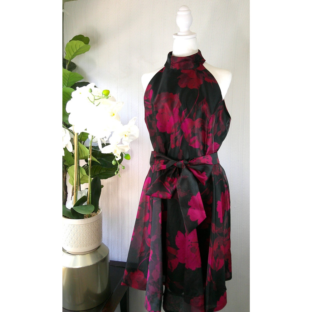 Halter Midi Dress with Floral Print in Black & Magenta